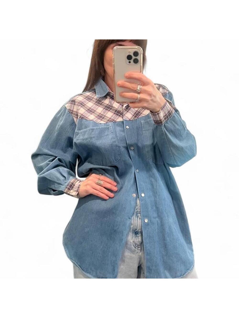 Vintage 90s Chambray Western Snap Shirt Plaid Yoke Oversized Denim Button Up